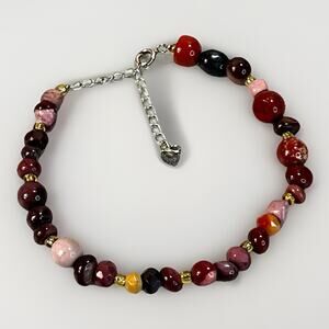 VTG Sterling Silver Carnelian, Red Jasper, Red Agate & Blood Stone Bead Bracelet